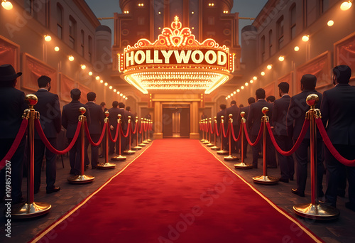 Red carpet event with glamorous atmosphere and Hollywood sign in the background