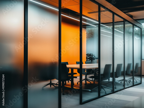 Mit Glaswand abgetrenntes modernes Besprechungszimmer

