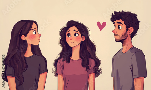 Love Triangle: A whimsical illustration of a love triangle, featuring two young women and one man. The scene evokes feelings of uncertainty, romantic tension, and the complexities of relationships.