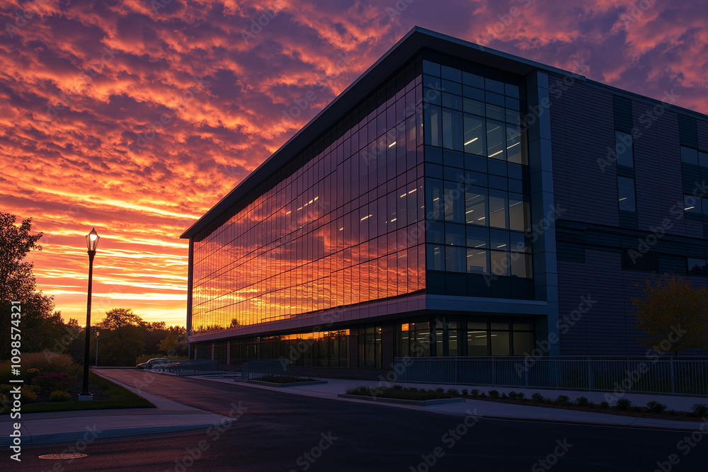 Obraz premium Moderne Architektur vor buntem Sonnenuntergang