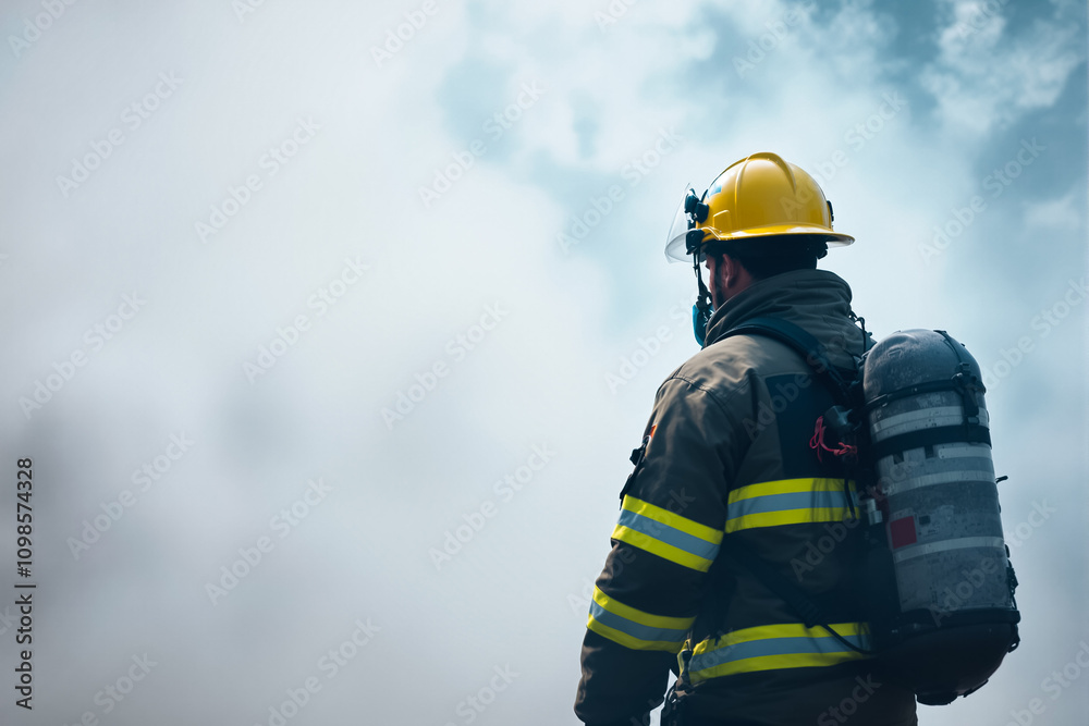 Fototapeta premium Firefighter equipped with protective gear surveys smoke-filled surroundings during rescue mission in a city