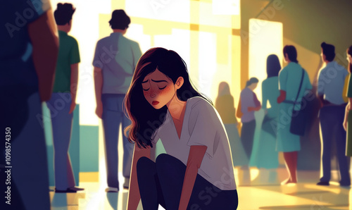 Lost in the Crowd: A young woman sits alone, her sadness palpable amidst a bustling crowd, in a poignant illustration of loneliness and isolation.  