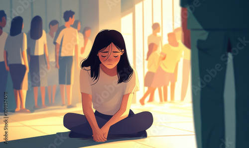 Lost in the Crowd: A young woman sits alone, lost in her thoughts, amidst a bustling crowd. Her expression speaks volumes of loneliness and isolation.