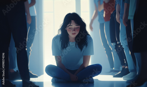 Girl Sitting Alone in a Crowd:  A young woman sits alone and isolated amidst a blurred group of people, conveying feelings of loneliness and introspection.
