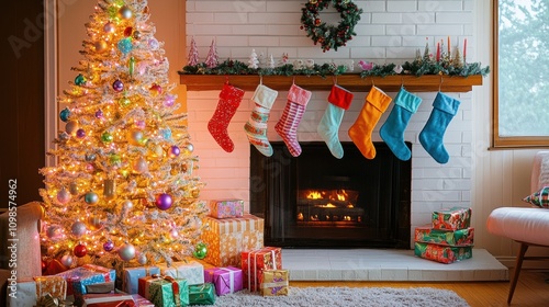 a retro mid-century modern Christmas living room with a tinsel tree, vintage furniture, nostalgic 1950s holiday vibe photo