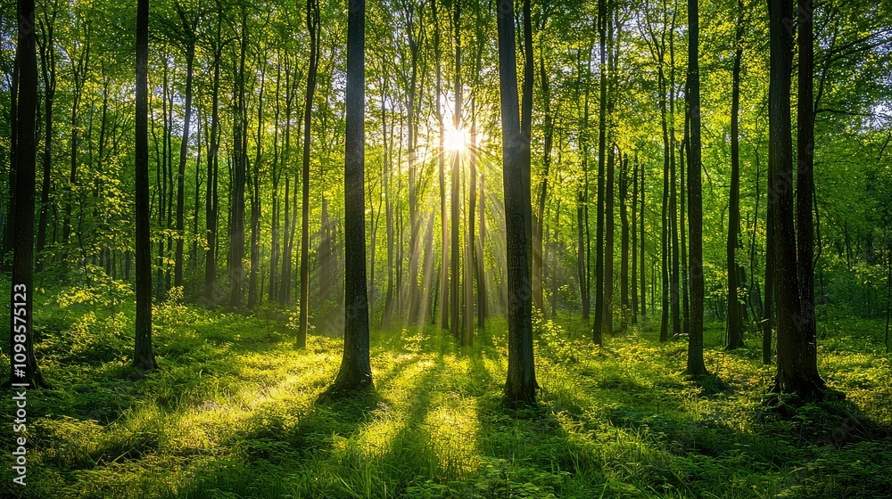 Obraz premium Sunlight Filtering Through Canopy of Lush Green Trees, Creating a Serene Atmosphere in a Dense Forest Setting Filled with Natural Beauty