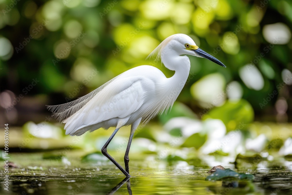 Naklejka premium A white bird with a distinctive long beak stands still in calm water, great for use as a symbol or illustration