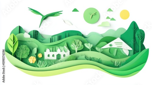 A pure white background featuring a green sustainable tourism destination, symbolizing eco-friendly travel and conservation efforts, Simplified flat paper art illustration of