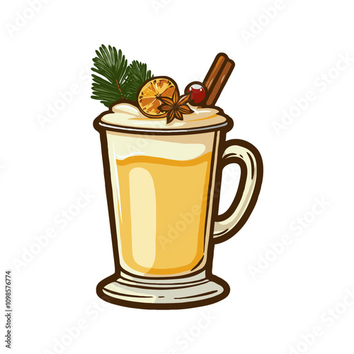 Eggnog drink in a glass mug, garnished with cinnamon, orange, and pine sprigs on white background. Christmas celebration concept