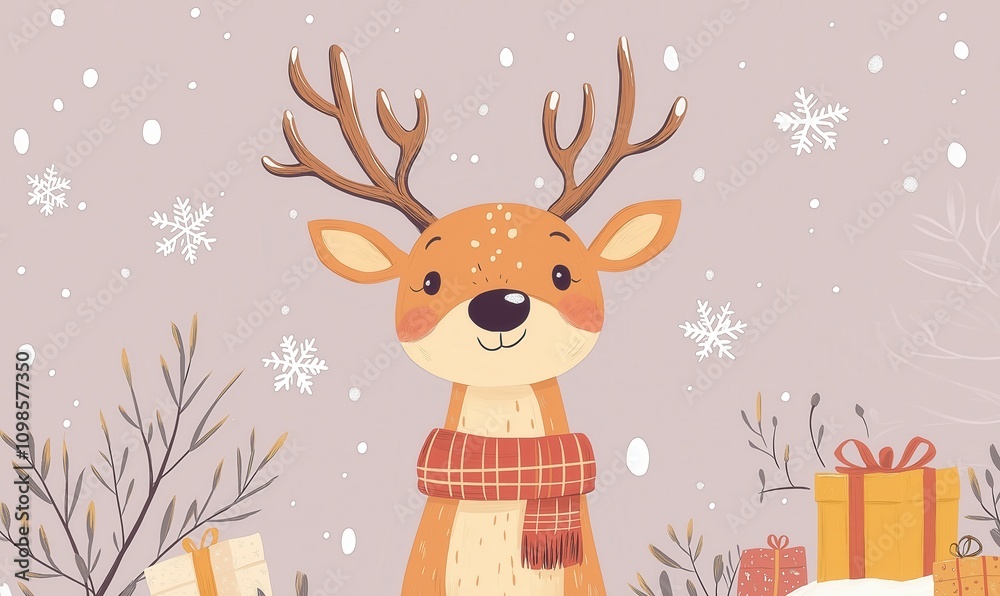 Naklejka premium Christmas card with cartoon reindeer on pink background.
