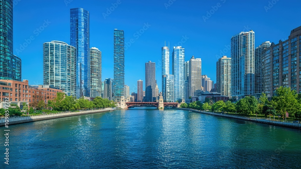 Fototapeta premium Stunning Skyline View of a Busy Urban City with a River Flowing Through the Heart of Modern Architecture and Lush Greenery on a Bright, Clear Day