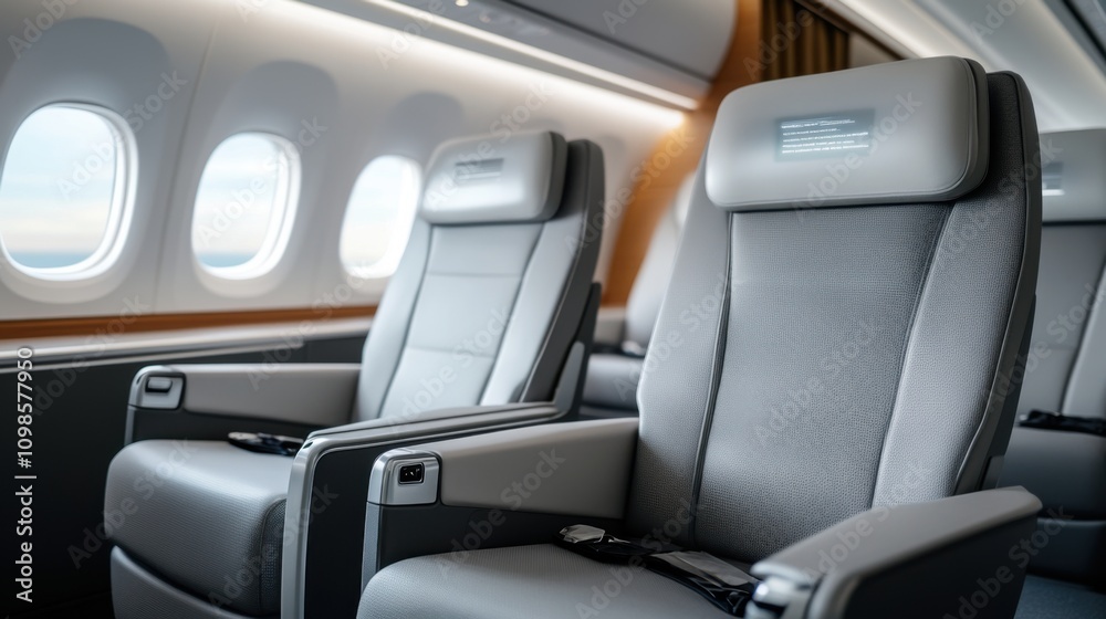 Fototapeta premium Luxurious and Spacious Airplane Interior with Premium Seating for Business Travelers, Featuring Modern Design and Comfort for Enhanced Travel Experience