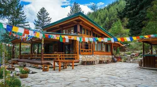 Vibrant Traditional Tibetan Buddhist Temple Surrounded by Nature with Colorful Prayer Flags on a Sunny Day
