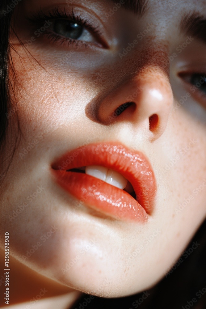 Naklejka premium Close-up of a woman's face with bold red lipstick