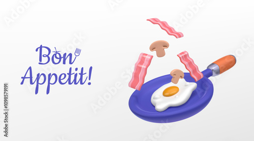 3D breakfast. Bon Appetit. Fried egg with bacon and mushroom pieces. Omelet on pan. Food cook. Lunch meal render. Keto diet brunch. Protein skillet. Scrambled yolk. Vector kitchen dish