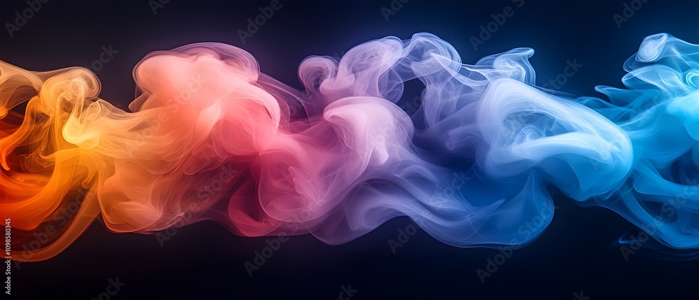 Obraz premium Abstract Colorful Smoke Flowing Harmoniously in Blended Tones of Orange, Pink, Purple, and Blue on a Dark Background for Artistic and Creative Design Purposes