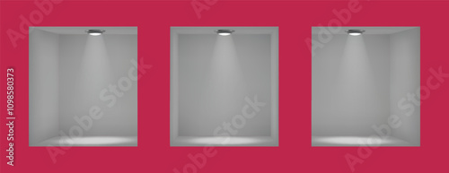 3D shelves. Exhibit furniture. Design interior wall for gallery. Empty office or store. Home or museum bookshelf with spotlight. Showcase frame. Cube shape stand. Vector showing niches set