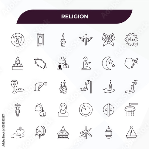 fully editable outline icon collection from religion concept. thin line icons set such as forbidden foods, islamic praying carpet, star and crescent moon, arabian lantern, ner tamid,