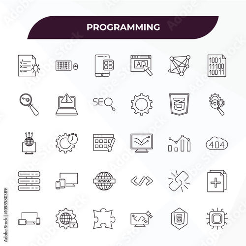 fully editable outline icon collection from programming concept. thin line icons set such as bug report, keyboard and mouse, css, html5, microchip,