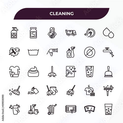 fully editable outline icon collection from cleaning concept. thin line icons set such as sanitize, solvent, no water cleanin, wiper, emulsion,