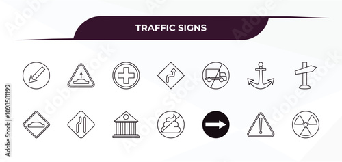 fully editable outline icon collection from traffic signs concept. thin line icons set such as keep left, hump, no trucks, danger, nuclear,