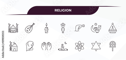 fully editable outline icon collection from religion concept. thin line icons set such as small mosque, oud, ruku posture, blasphemy, gticism,