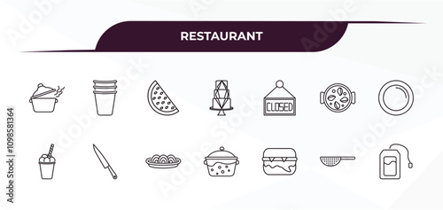 fully editable outline icon collection from restaurant concept. thin line icons set such as pot with cover, cardboard cup, closed, strainer with handle, infusion bag,