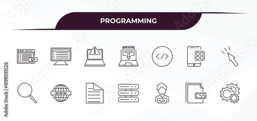 fully editable outline icon collection from programming concept. thin line icons set such as code listing, program interface, programming language, css file format, seo configuration,