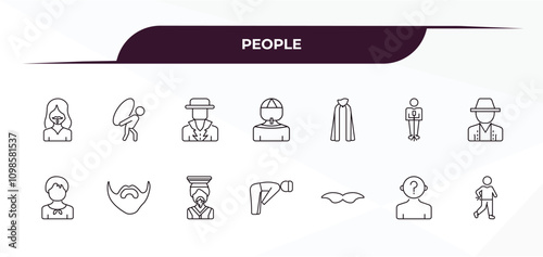 fully editable outline icon collection from people concept. thin line icons set such as bearded woman, burden, cape, unknown, spindle,