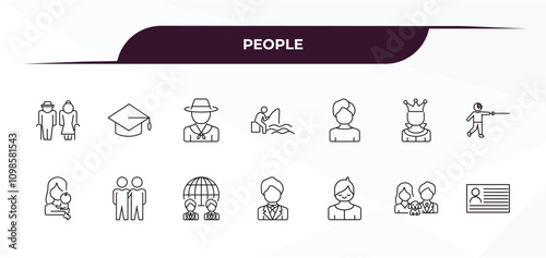fully editable outline icon collection from people concept. thin line icons set such as old couple, students graduation hat, male user, man girl and dog, identification ard,