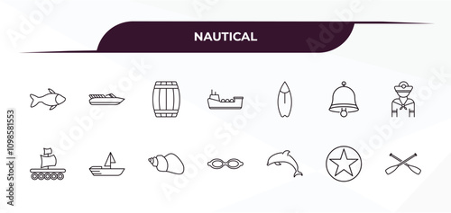 fully editable outline icon collection from nautical concept. thin line icons set such as double bait, skull and bones, big anchor, big bell, nautical monocular,
