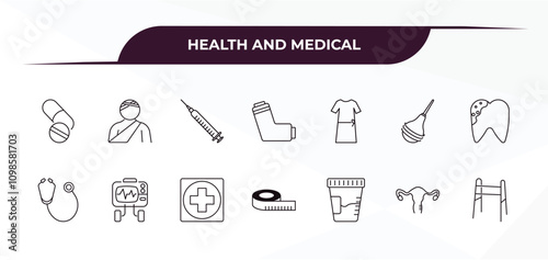 fully editable outline icon collection from health and medical concept. thin line icons set such as pills, injury, patient robe, gynecology, medical walker,