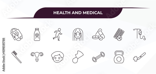 fully editable outline icon collection from health and medical concept. thin line icons set such as sphygmomanometer, poisonous, medical substance, kettlebell, surgery,