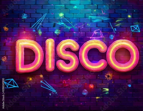 Glowing Disco neon text, watercolor style Illustration art design