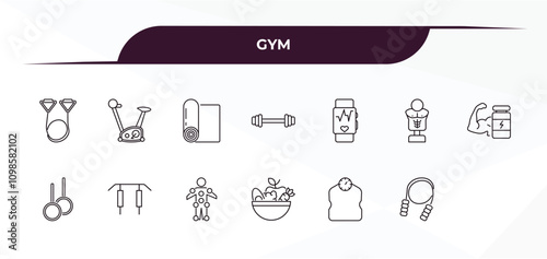 fully editable outline icon collection from gym concept. thin line icons set such as resistance band, exercise bike, , weighing scale, skipping rope,