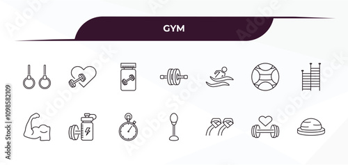 fully editable outline icon collection from gym concept. thin line icons set such as gymnastic rings, fitness heart, man swimming, fitness, bosu ball,