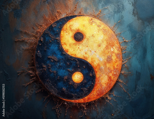 yin yang symbol on a rusty background with dirt explosion arround it photo