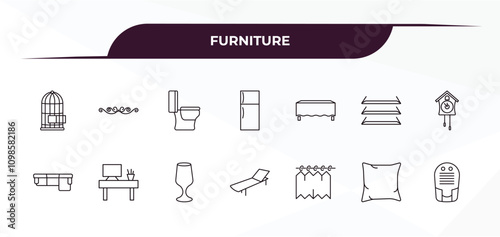 fully editable outline icon collection from furniture concept. thin line icons set such as bird cage, adornment, table linens, pillows, dehumidifier,