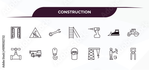 fully editable outline icon collection from construction concept. thin line icons set such as doors open, working, electric drill, man painting, big clippers,