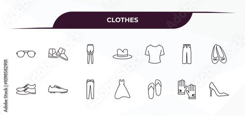 fully editable outline icon collection from clothes concept. thin line icons set such as pilot sunglasses, wool boots, t-shirt, leather gloves, high heel,