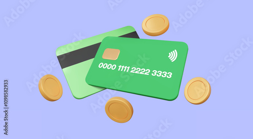 Online pay money bank transfer via Credit or Debit card with coins floating on Purple background. Financial currency transactions system auto payments, cartoon minimal, 3d vector illustration