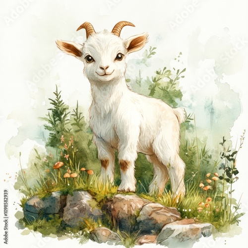 A cute, young goat stands on a rock surrounded by greenery and flowers in a serene setting.