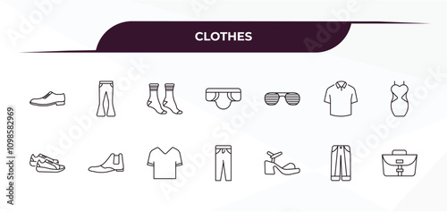 fully editable outline icon collection from clothes concept. thin line icons set such as leather derby shoe, flare pants, shutter sunglasses, oxford wave suit pants, messenger bag,
