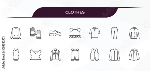 fully editable outline icon collection from clothes concept. thin line icons set such as pullover, wool gloves, cotton polo shirt, nylon jacket, circle skirt,