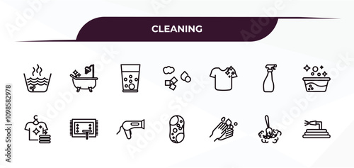 fully editable outline icon collection from cleaning concept. thin line icons set such as hot water, bathtub cleaning, clothes cleaning, duster, garden hose,