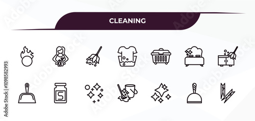 fully editable outline icon collection from cleaning concept. thin line icons set such as oxidizing agent, cleaner, dumpster, dustpan, clothes peg,