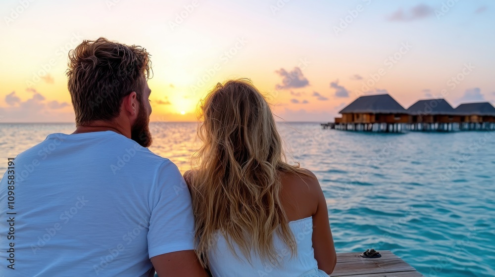 Fototapeta premium Partners sit closely on a deck, observing a beautiful sunset over calm waters near idyllic water villas, creating a serene and picturesque landscape scene.