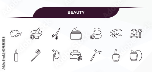 fully editable outline icon collection from beauty concept. thin line icons set such as foam, mortar bowl, three stones, nail polish, facial cream,