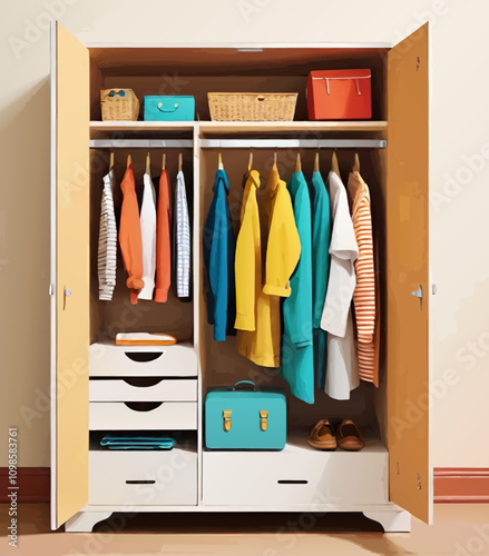 wardrobe closet with interior colorful vector illustration