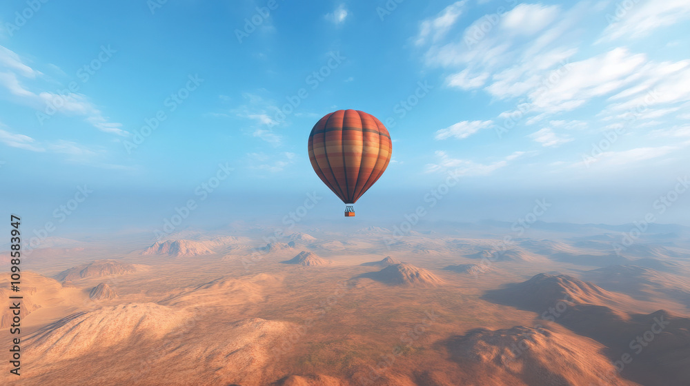Fototapeta premium hot air balloon floats peacefully over vast desert landscape, showcasing serene beauty of nature. warm colors of balloon contrast with earthy tones of terrain
